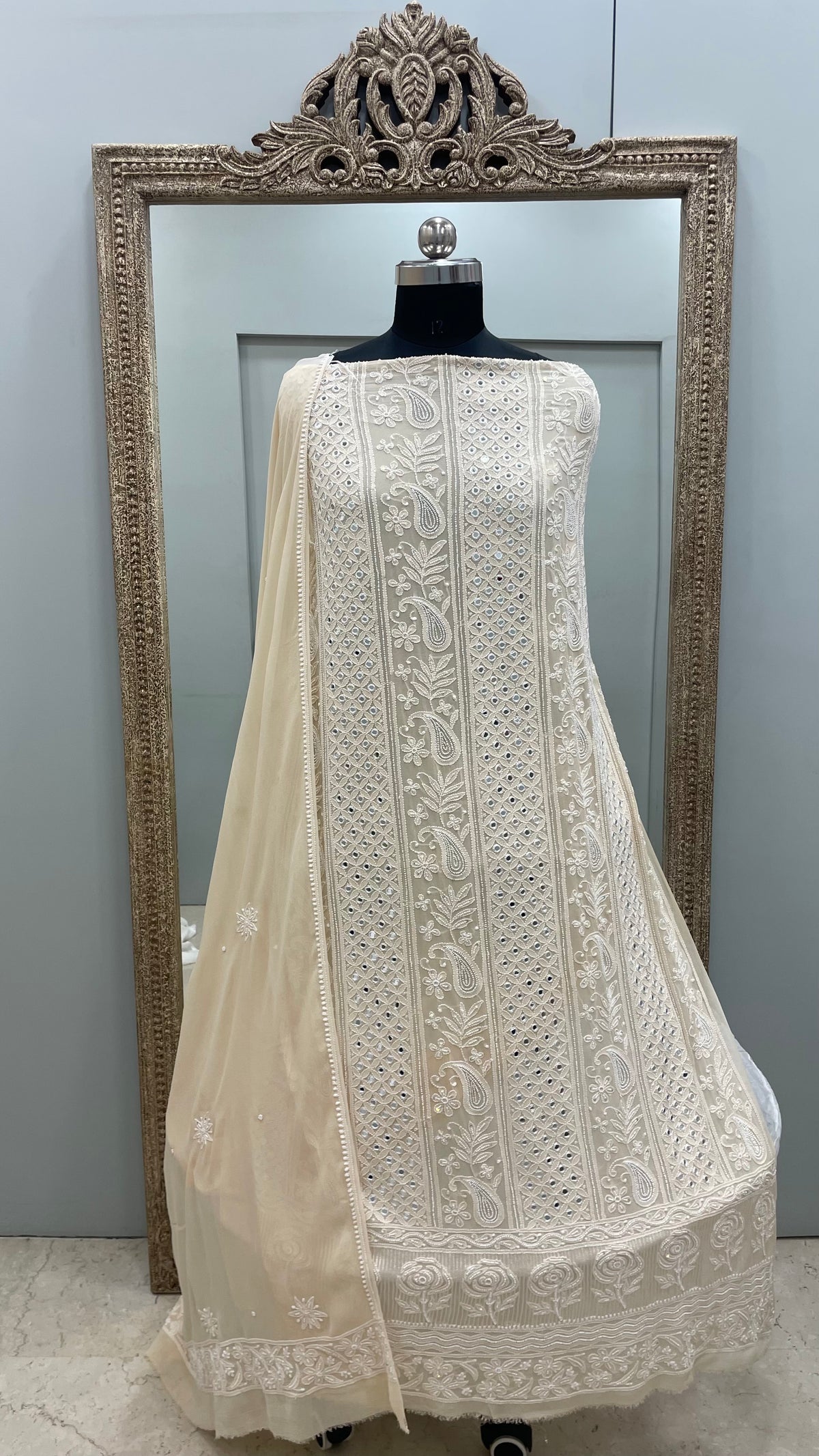 Pure Georgette Heavy Pearl And Mirror Work Beige