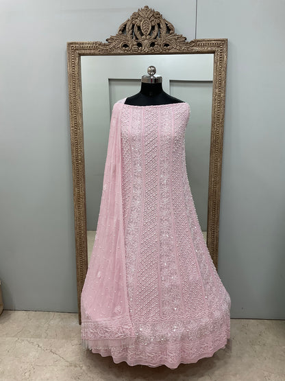 Pure Georgette Anarkali Heavy Pearl, Multi Coloured Cutdana and Sequence Pink