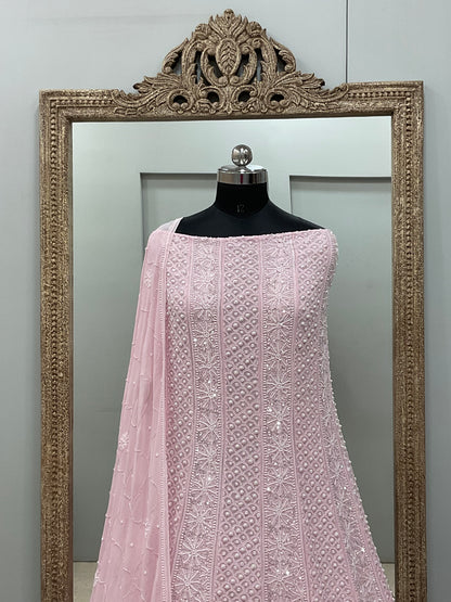 Pure Georgette Anarkali Heavy Pearl, Multi Coloured Cutdana and Sequence Pink