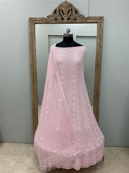 Pure Georgette Anarkali Heavy Pearl, Multi Coloured Cutdana and Sequence Pink