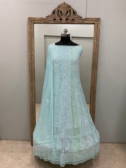 Pure Georgette Anarkali Heavy Pearl, Multi Coloured Cutdana and Sequence Blue