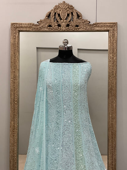 Pure Georgette Anarkali Heavy Pearl, Multi Coloured Cutdana and Sequence Blue