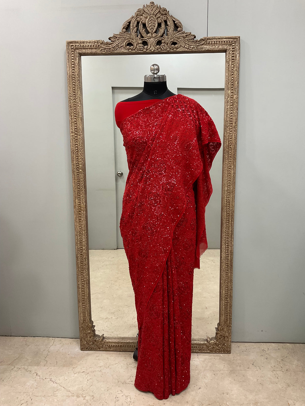 Pure Georgette Saree Superfine Work full jaal with Heavy Cutdana and Sequence Red