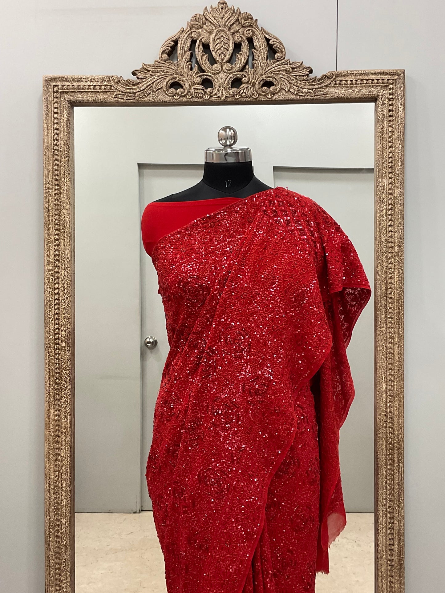 Pure Georgette Saree Superfine Work full jaal with Heavy Cutdana and Sequence Red