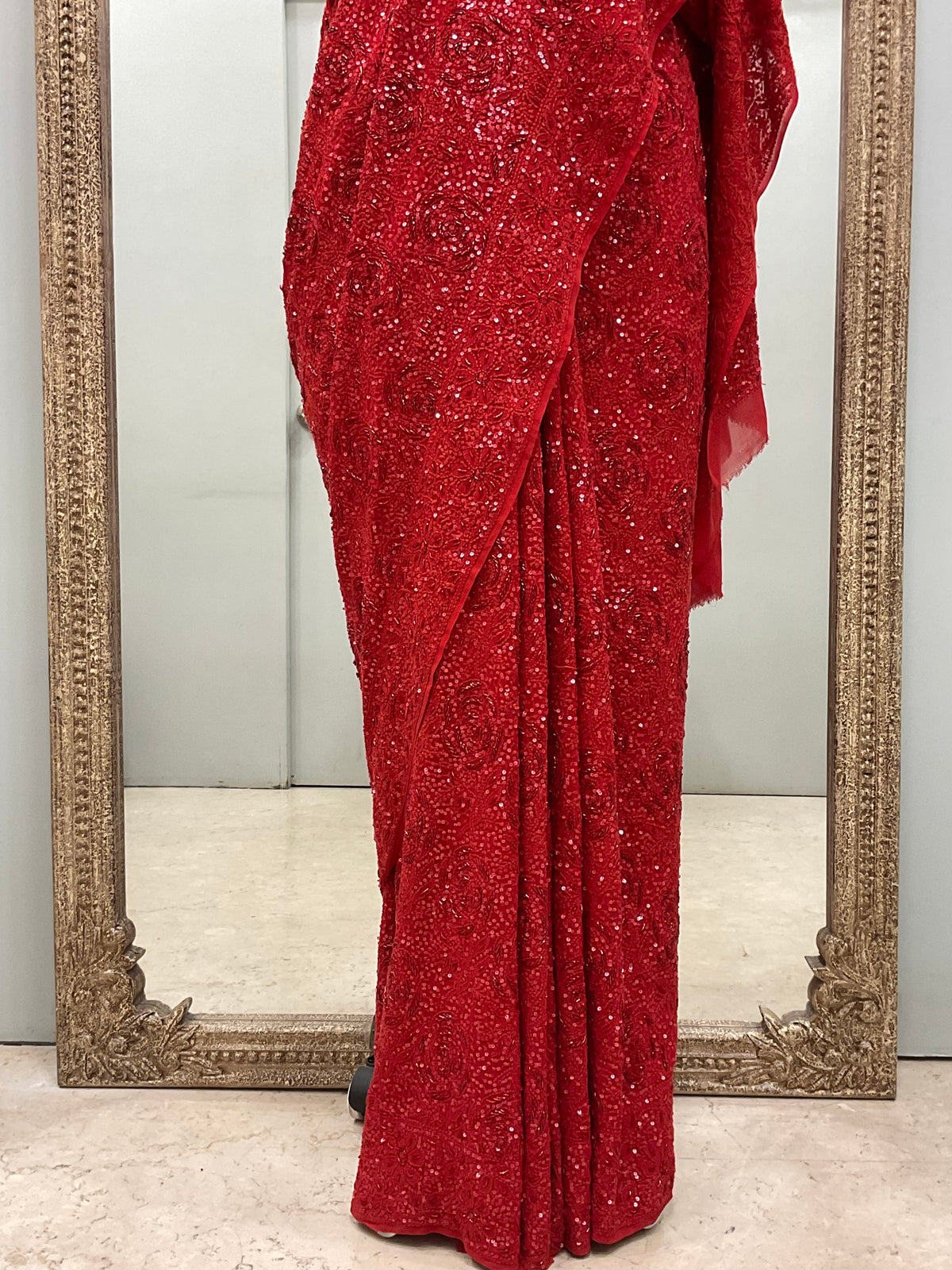 Pure Georgette Saree Superfine Work full jaal with Heavy Cutdana and Sequence Red