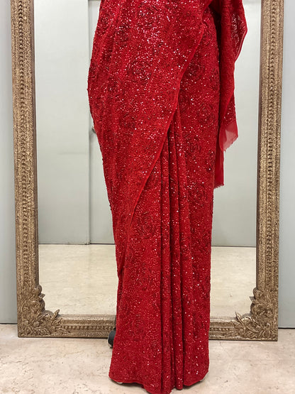 Pure Georgette Saree Superfine Work full jaal with Heavy Cutdana and Sequence Red