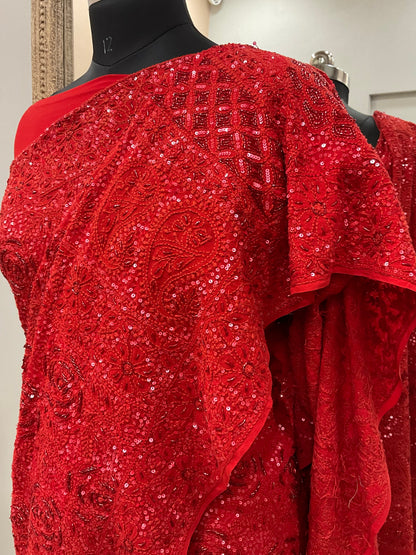 Pure Georgette Saree Superfine Work full jaal with Heavy Cutdana and Sequence Red