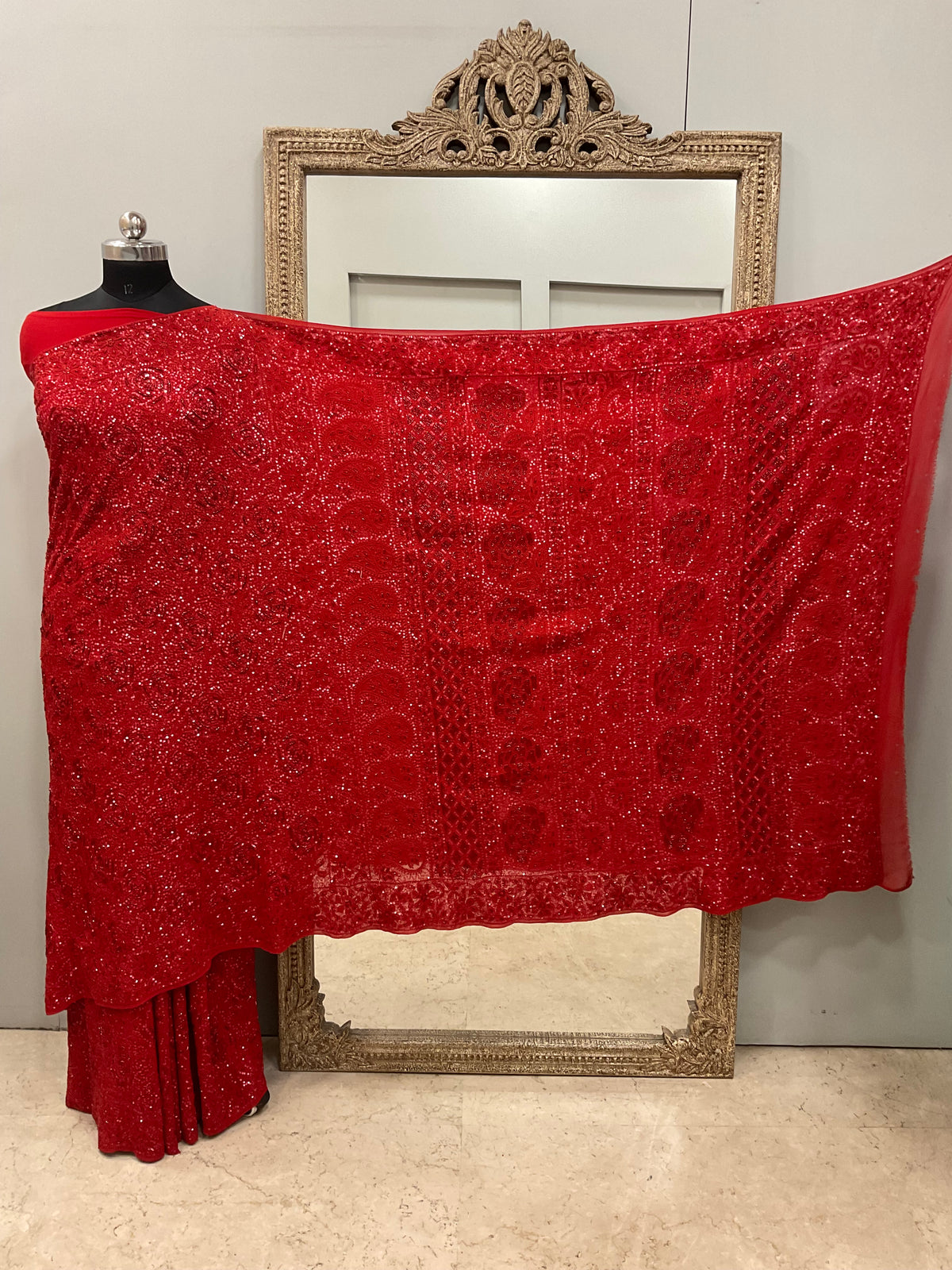 Pure Georgette Saree Superfine Work full jaal with Heavy Cutdana and Sequence Red