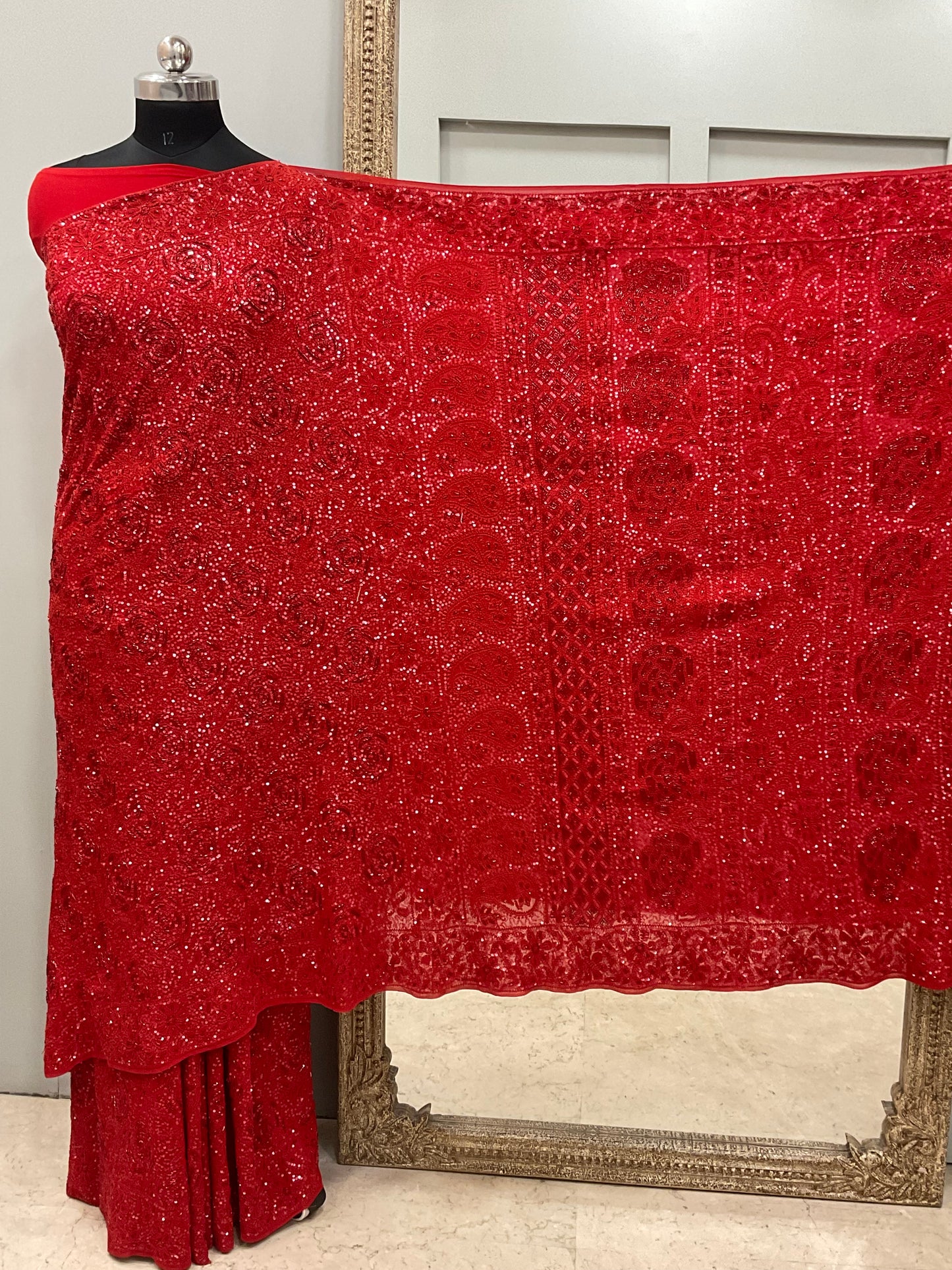 Pure Georgette Saree Superfine Work full jaal with Heavy Cutdana and Sequence Red