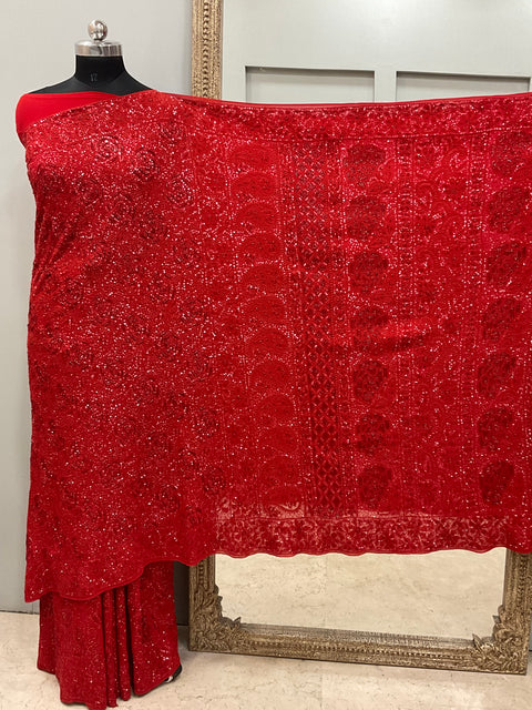 Pure Georgette Saree Superfine Work full jaal with Heavy Cutdana and Sequence Red