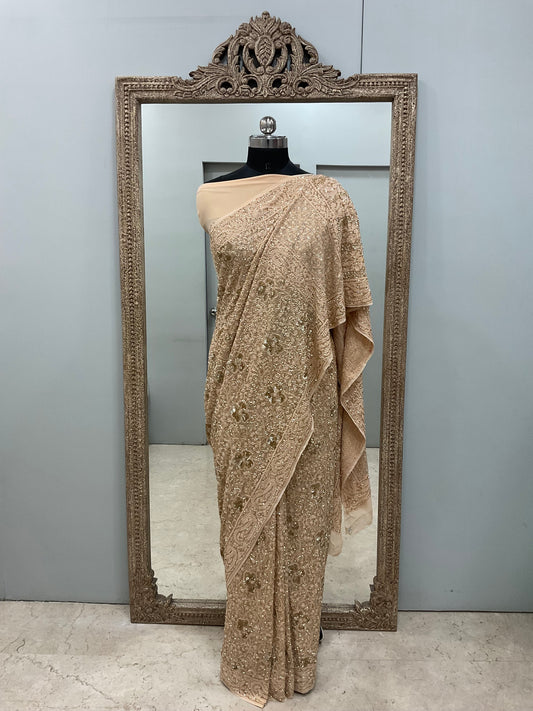 Pure Georgette Saree Superfine Work full jaal with Heavy Cutdana and Sequence Golden
