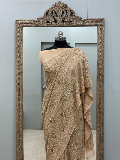 Pure Georgette Saree Superfine Work full jaal with Heavy Cutdana and Sequence Golden