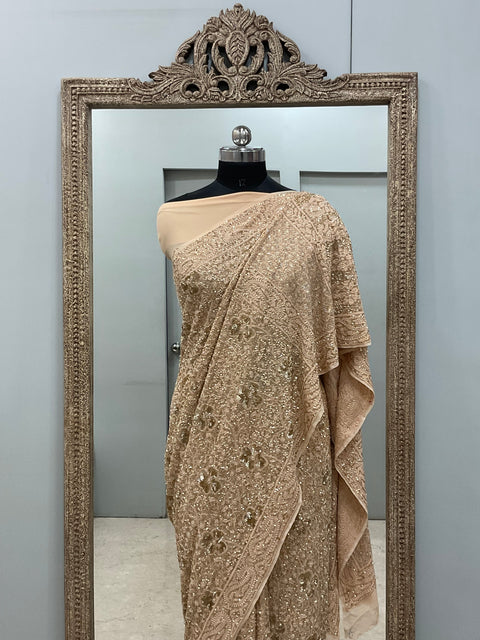Pure Georgette Saree Superfine Work full jaal with Heavy Cutdana and Sequence Golden