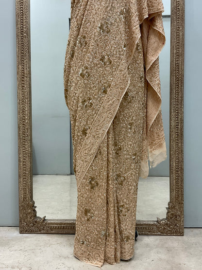 Pure Georgette Saree Superfine Work full jaal with Heavy Cutdana and Sequence Golden