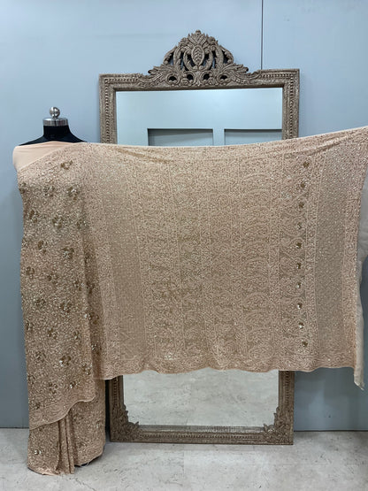Pure Georgette Saree Superfine Work full jaal with Heavy Cutdana and Sequence Golden