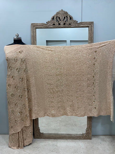 Pure Georgette Saree Superfine Work full jaal with Heavy Cutdana and Sequence Golden