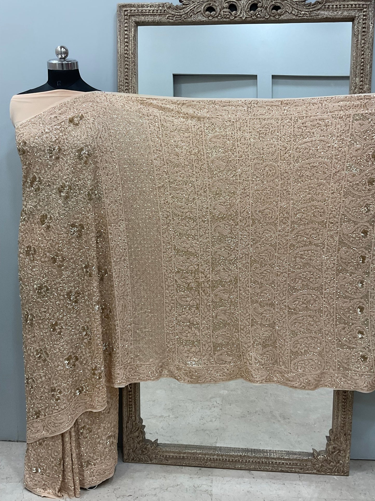 Pure Georgette Saree Superfine Work full jaal with Heavy Cutdana and Sequence Golden