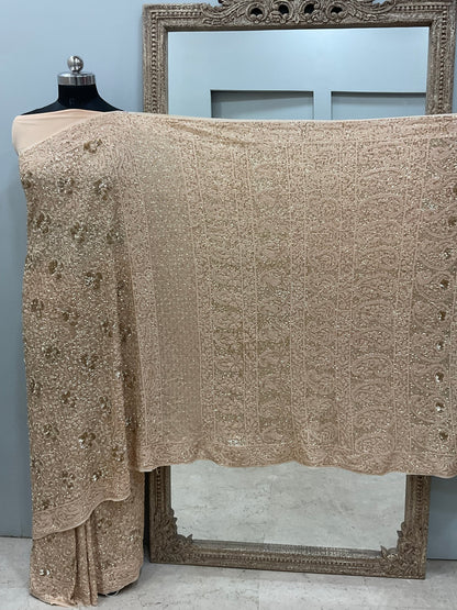 Pure Georgette Saree Superfine Work full jaal with Heavy Cutdana and Sequence Golden