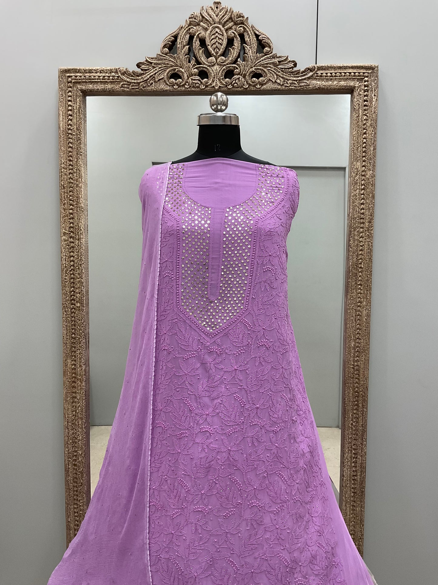 Chikan Mukaish Georgette Shirt and Chiffon Dupatta  Purpel