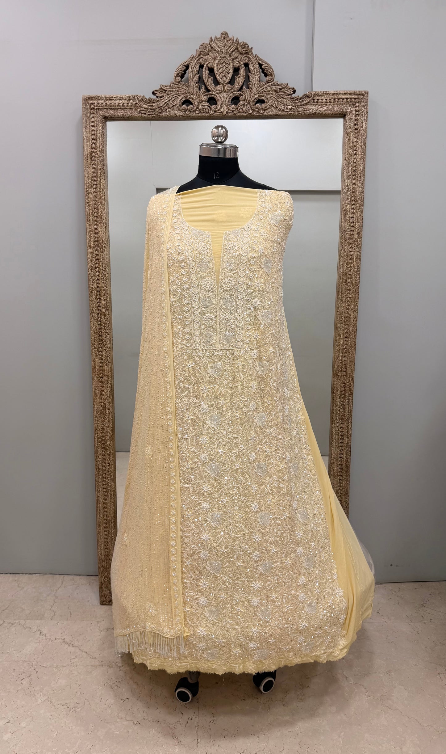 Superfine Pure Georgette Heavy Pearl Cutdana and Sequence Designer Yellow