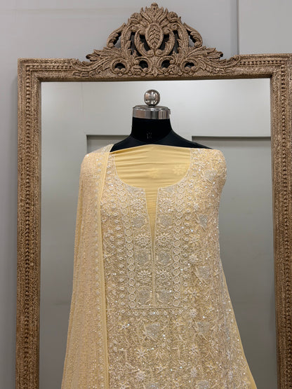 Superfine Pure Georgette Heavy Pearl Cutdana and Sequence Designer Yellow