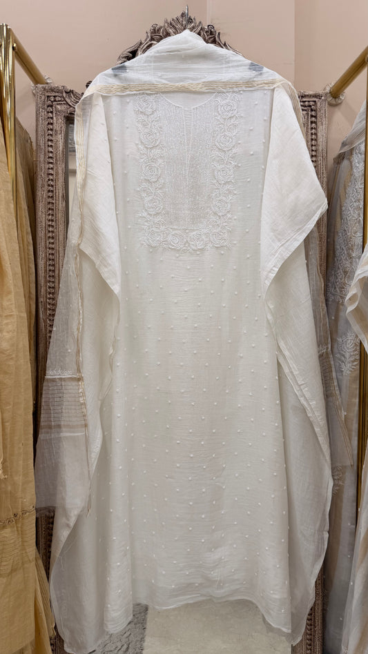 Pure Mulmul Cotton  Kurta Pearl And Addon Work With Dupatta White 01