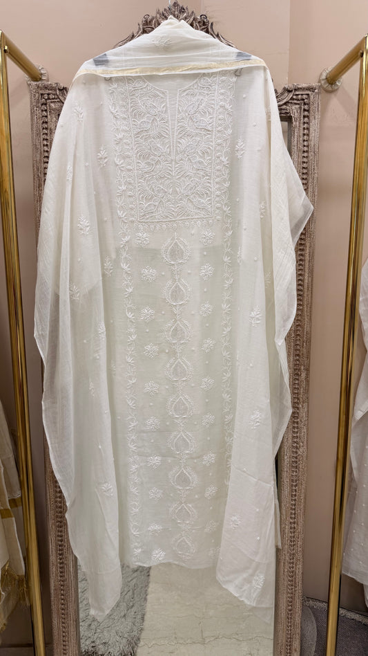 Pure Mulmul Cotton  Kurta Pearl And Addon Work With Dupatta White 02