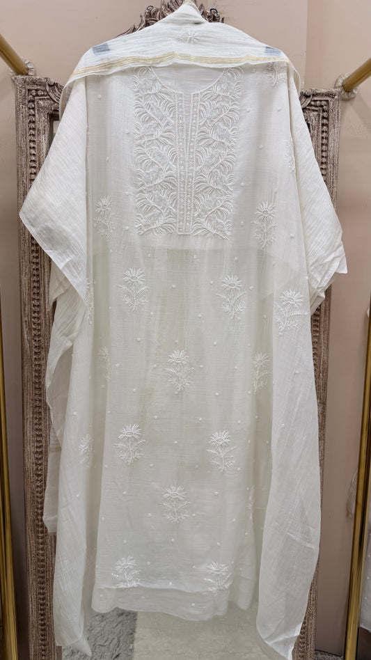 Pure Mulmul Cotton  Kurta Pearl And Addon Work With Dupatta White 03