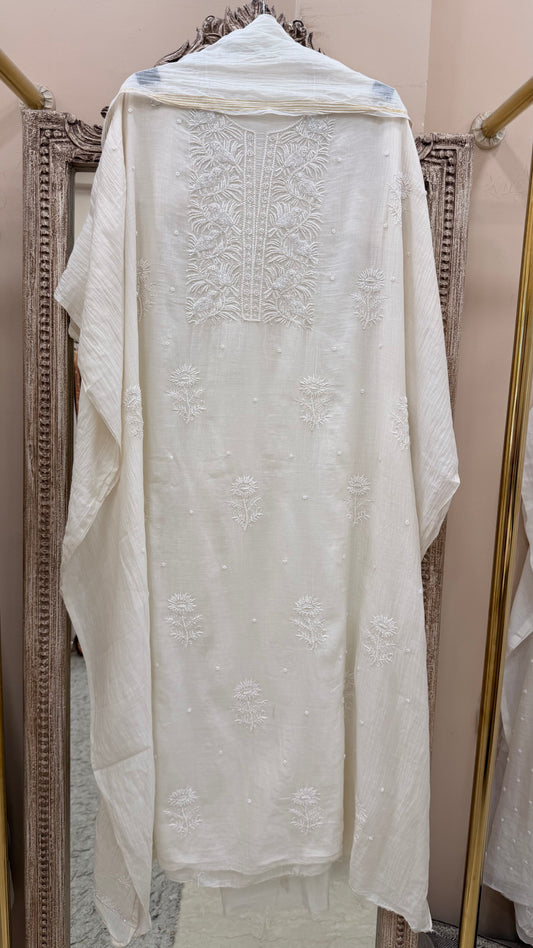 Pure Mulmul Cotton  Kurta Pearl And Addon Work With Dupatta White 04