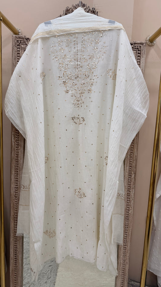 Pure Mulmul Cotton Kurta Badla Work With Dupatta White 02