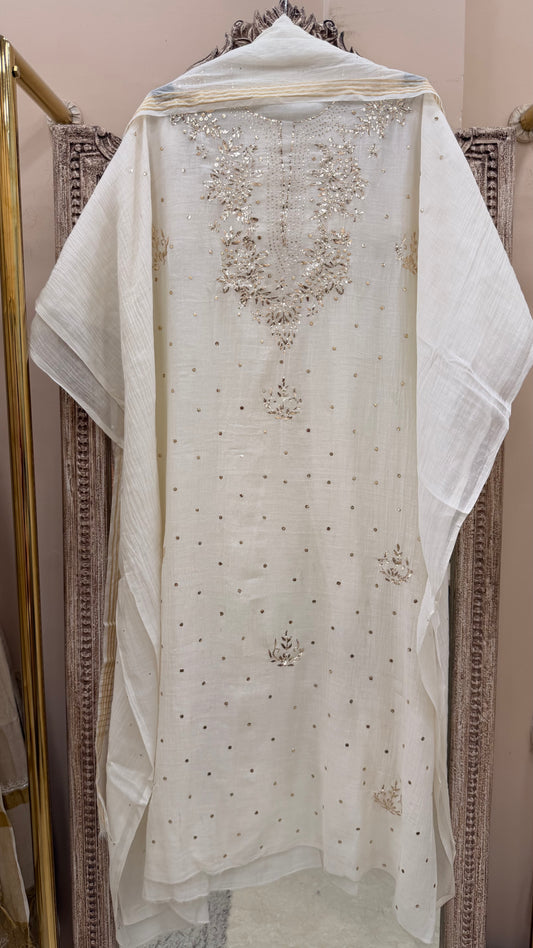 Pure Mulmul Cotton Kurta Badla Work With Dupatta White 03