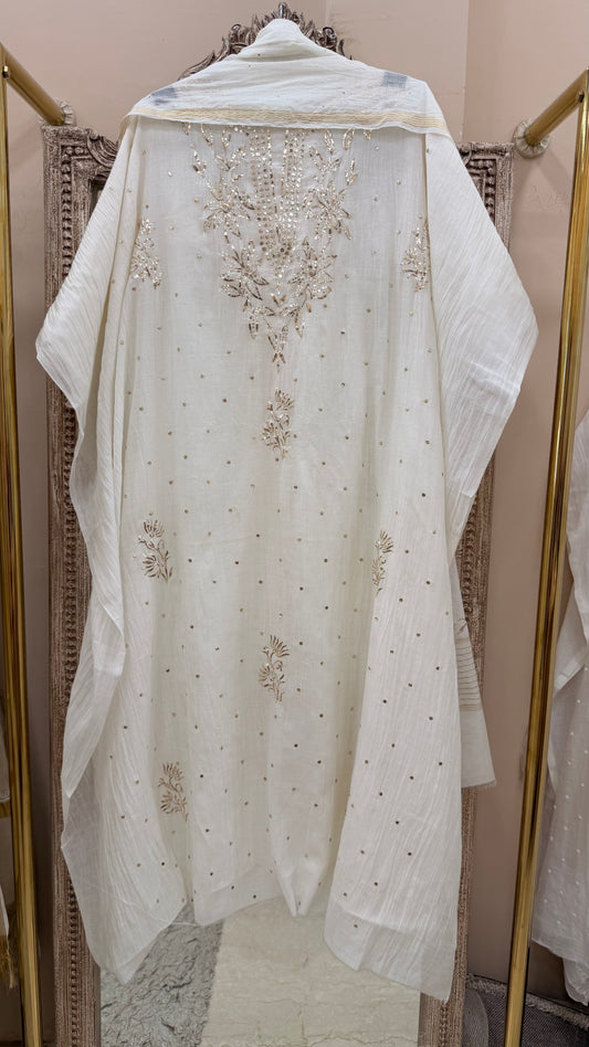 Pure Mulmul Cotton Kurta Badla Work With Dupatta White 05