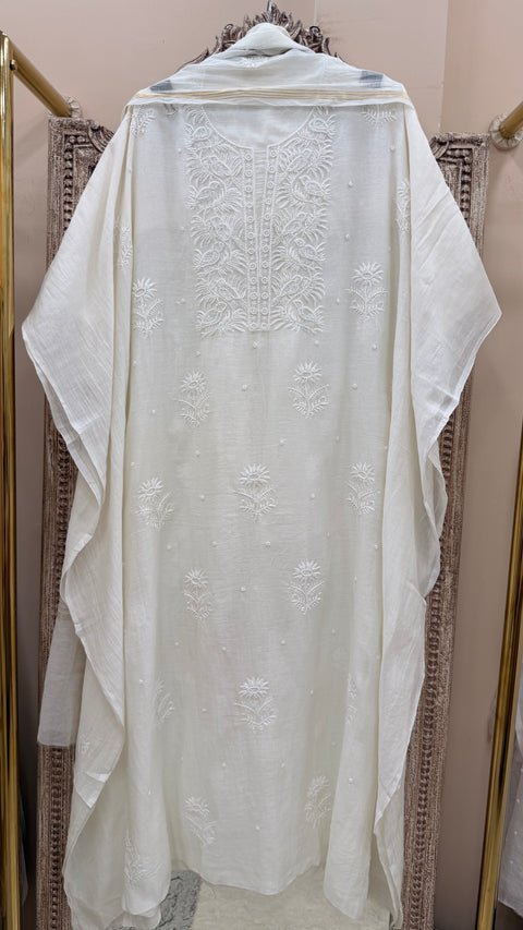 Pure Mulmul Cotton  Kurta Pearl And Addon Work With Dupatta White 05
