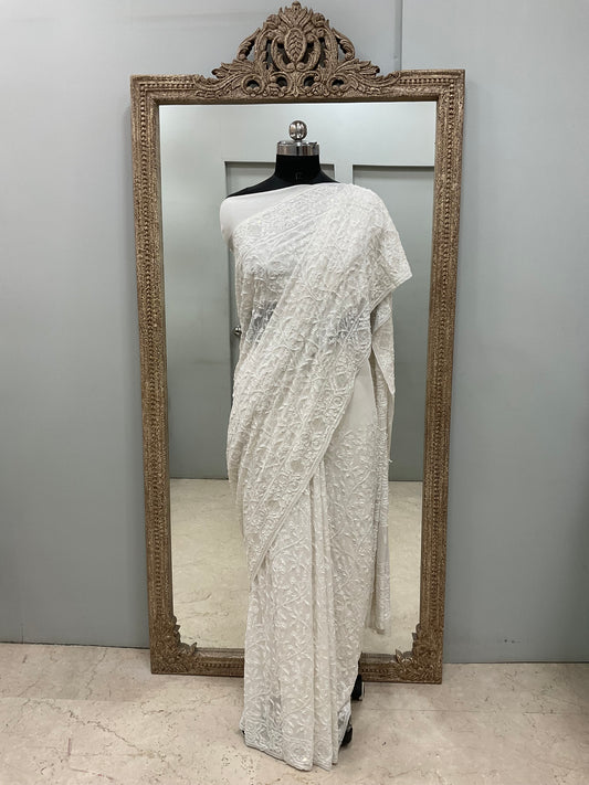 Pure Georgette Saree full jaal with Heavy Cutdana, Pearl and Heavy Sequence White