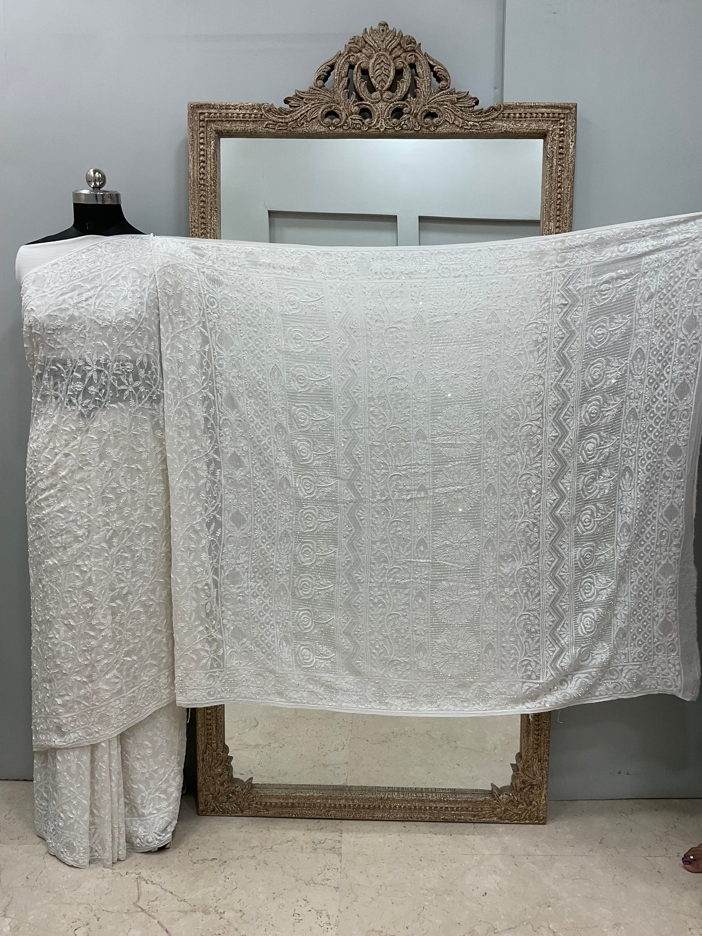 Pure Georgette Saree full jaal with Heavy Cutdana, Pearl and Heavy Sequence White