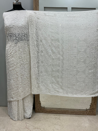 Pure Georgette Saree full jaal with Heavy Cutdana, Pearl and Heavy Sequence White