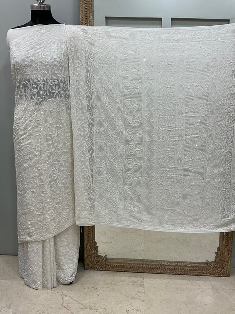 Pure Georgette Saree full jaal with Heavy Cutdana, Pearl and Heavy Sequence White