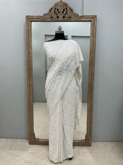 Pure Georgette Saree full jaal with Heavy Cutdana, Pearl and Heavy Sequence White