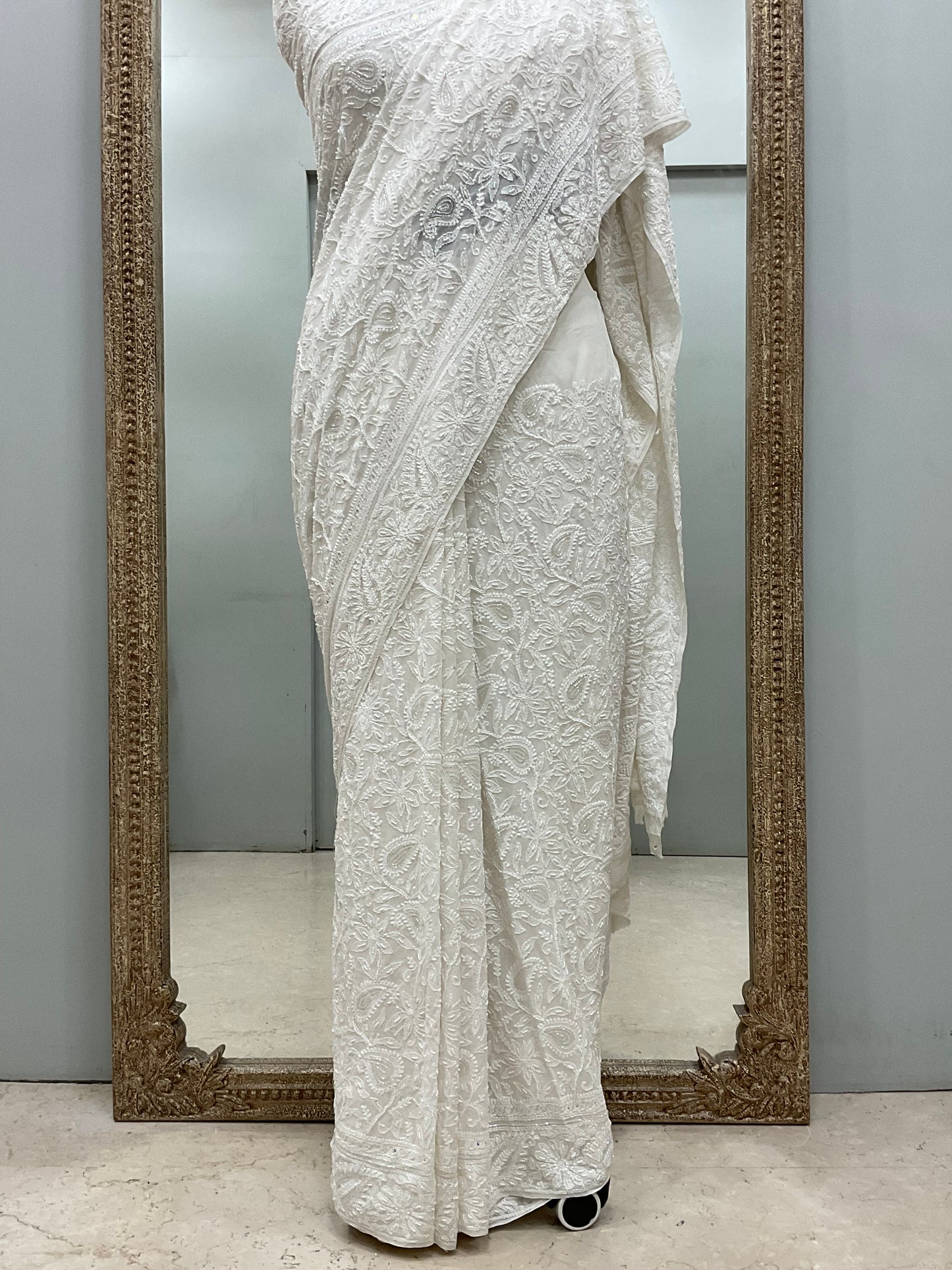 Pure Georgette Saree full jaal with Heavy Cutdana, Pearl and Heavy Sequence White