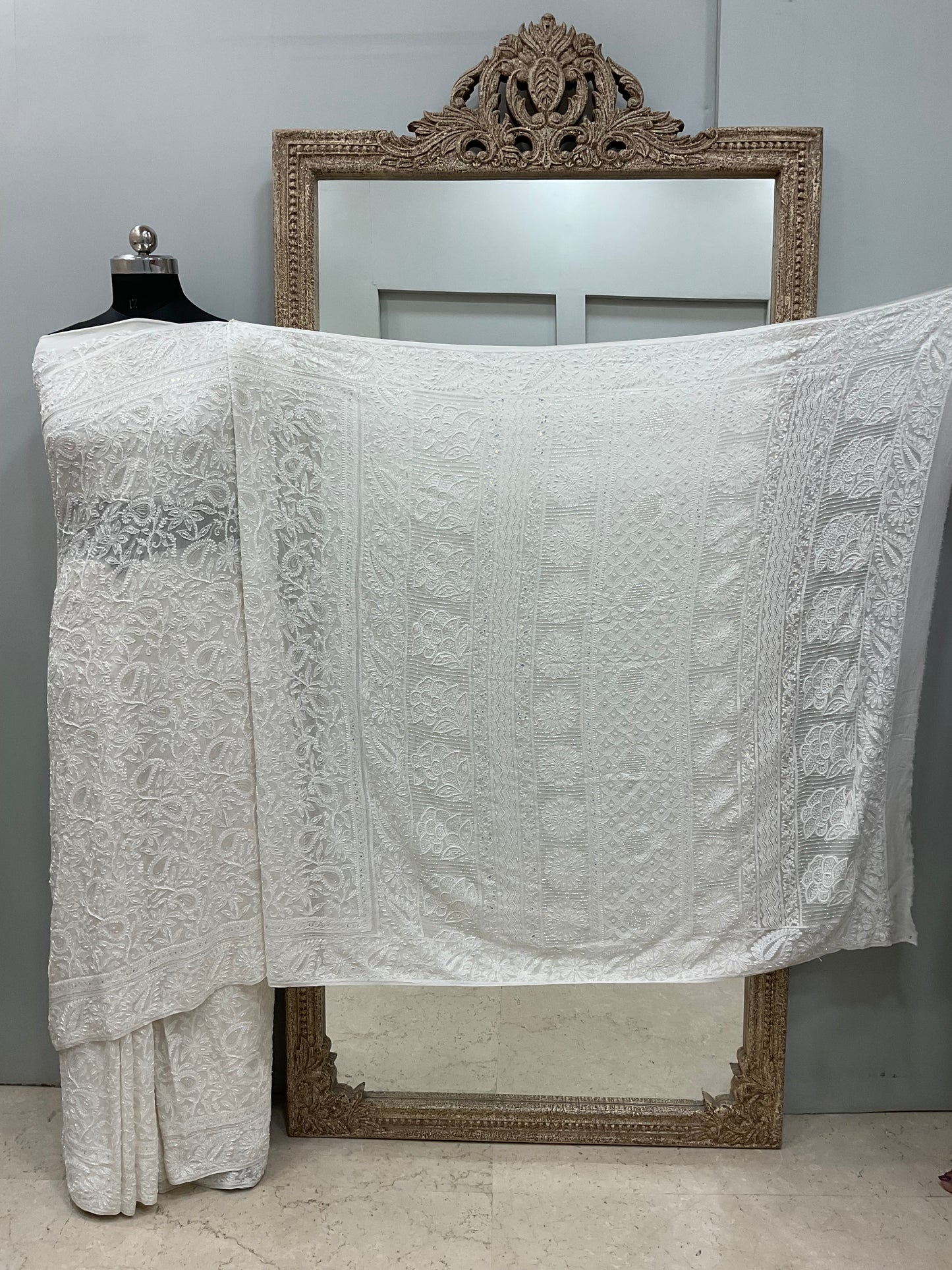Pure Georgette Saree full jaal with Heavy Cutdana, Pearl and Heavy Sequence White