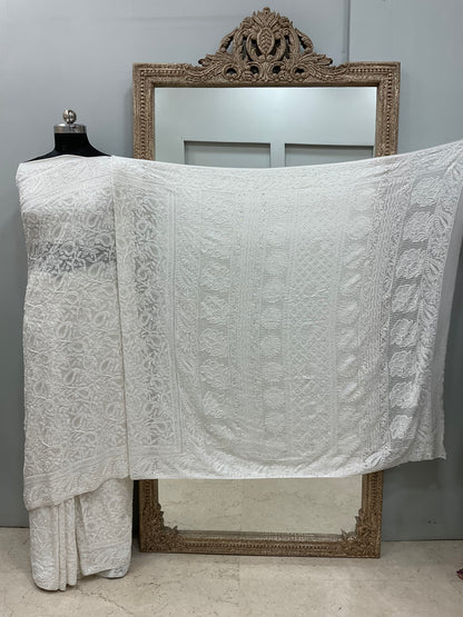 Pure Georgette Saree full jaal with Heavy Cutdana, Pearl and Heavy Sequence White
