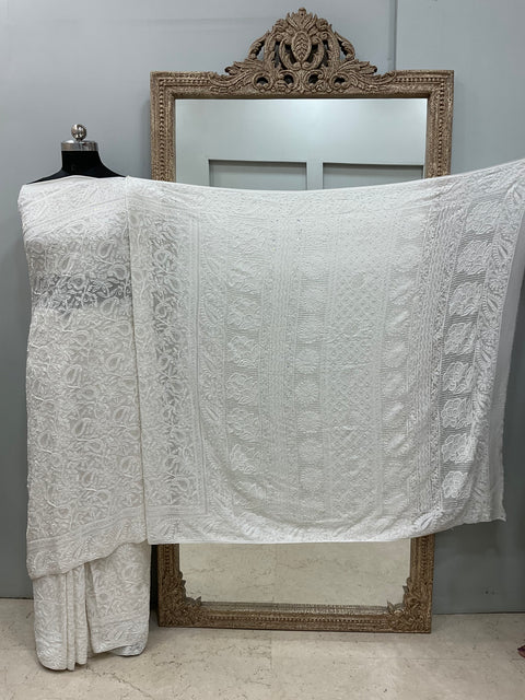 Pure Georgette Saree full jaal with Heavy Cutdana, Pearl and Heavy Sequence White