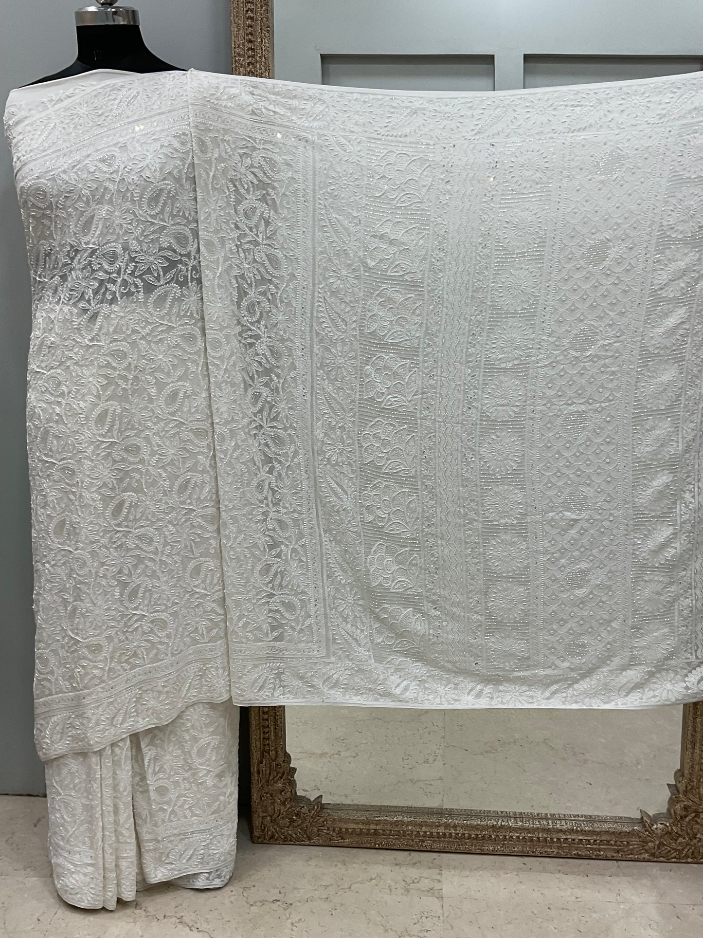 Pure Georgette Saree full jaal with Heavy Cutdana, Pearl and Heavy Sequence White