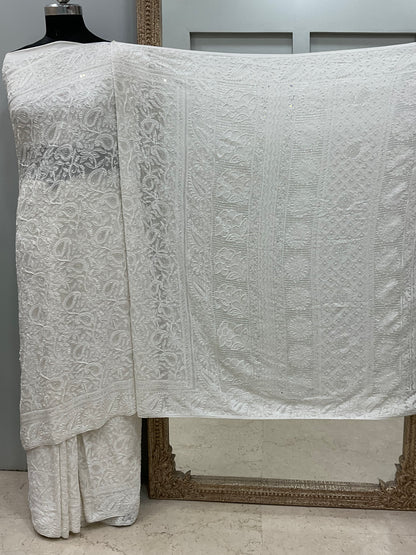 Pure Georgette Saree full jaal with Heavy Cutdana, Pearl and Heavy Sequence White