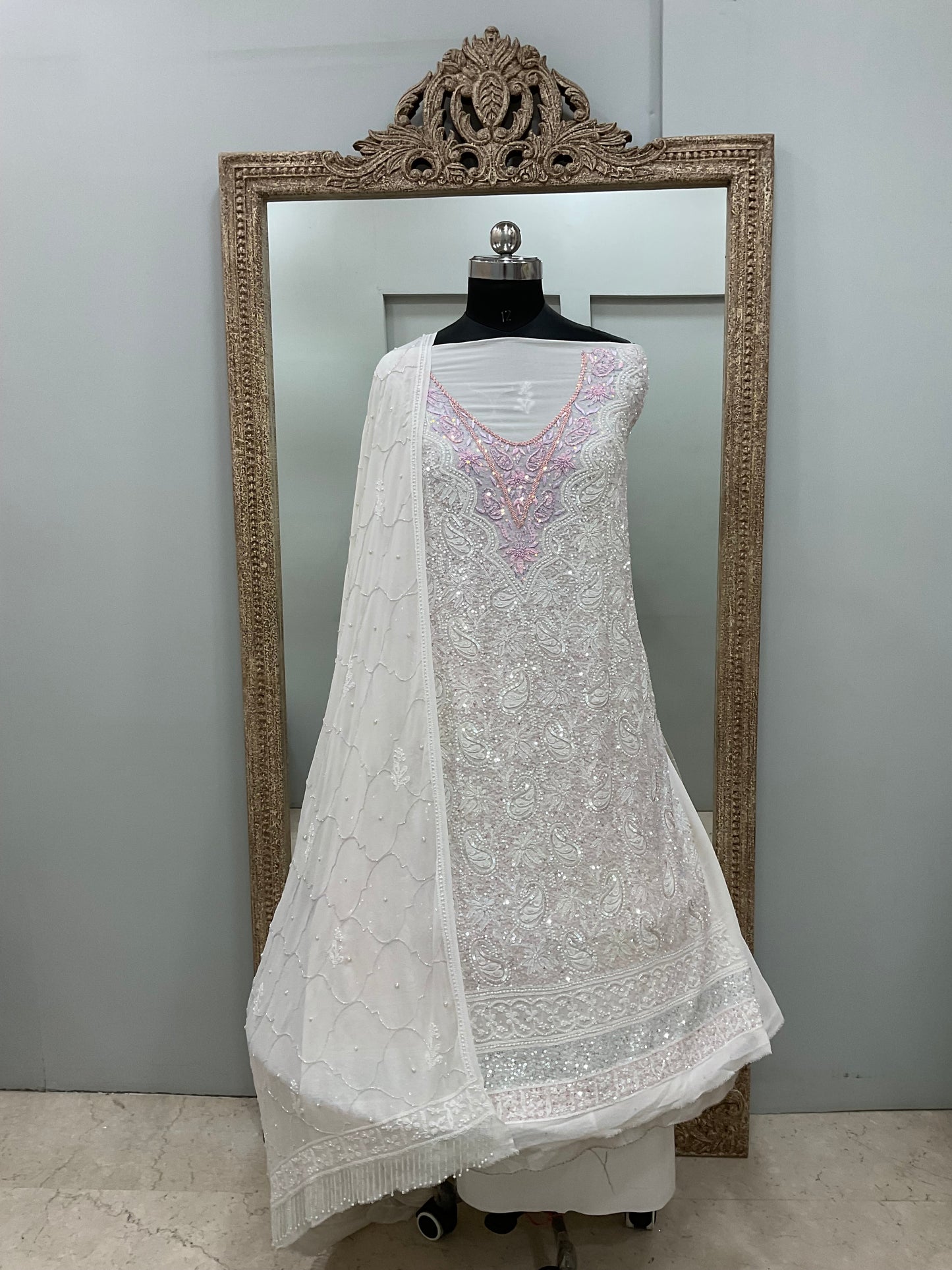 Pure Georgette Heavy Pearl Cutdana and Sequence Designer Off White
