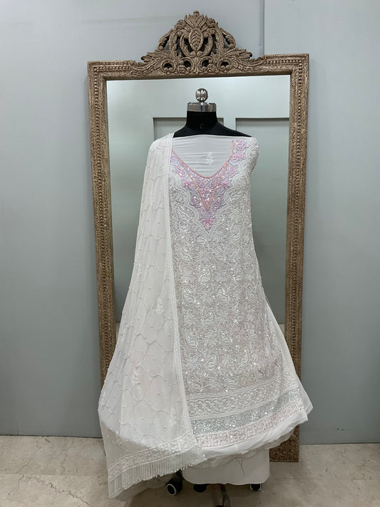 Pure Georgette Heavy Pearl Cutdana and Sequence Designer Off White