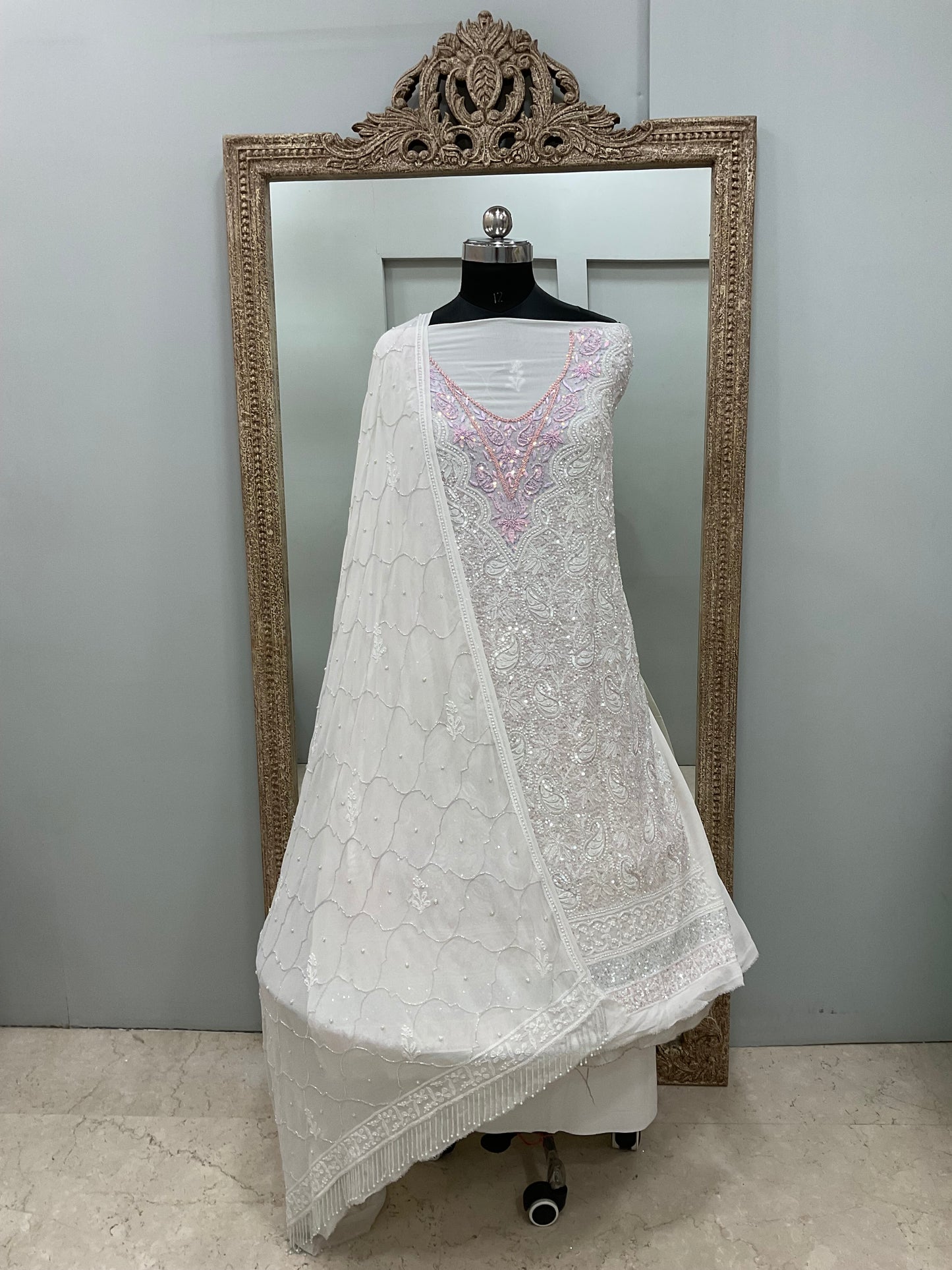 Pure Georgette Heavy Pearl Cutdana and Sequence Designer Off White