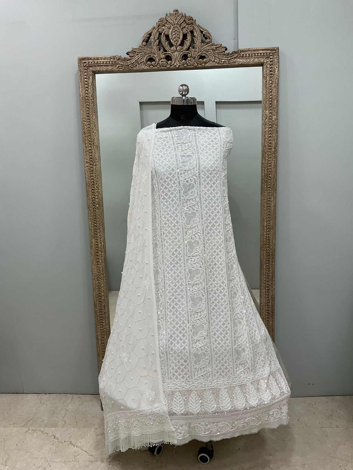 Pure Georgette Heavy Pearl Cutdana and Sequence Designer Off White