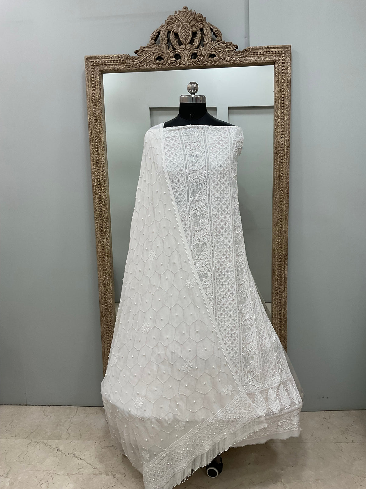 Pure Georgette Heavy Pearl Cutdana and Sequence Designer Off White