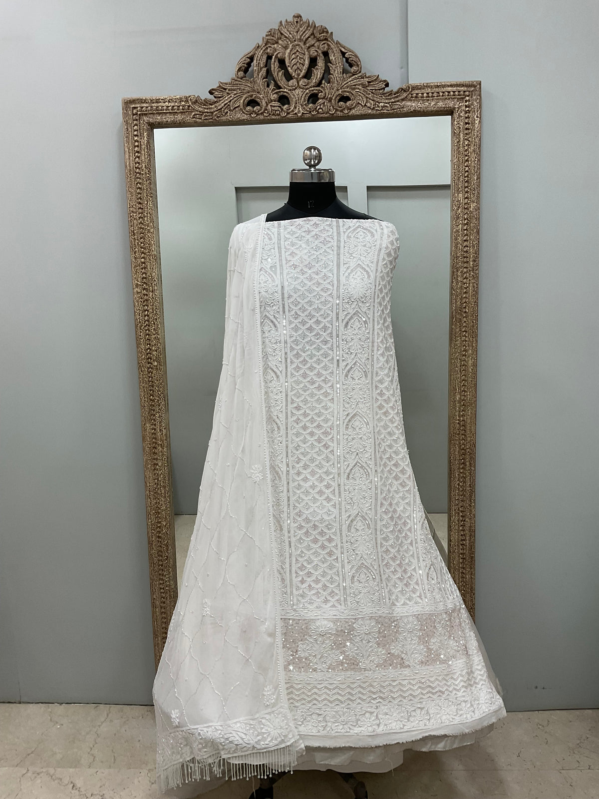 Pure Georgette Heavy Pearl Cutdana and Sequence Designer Off White